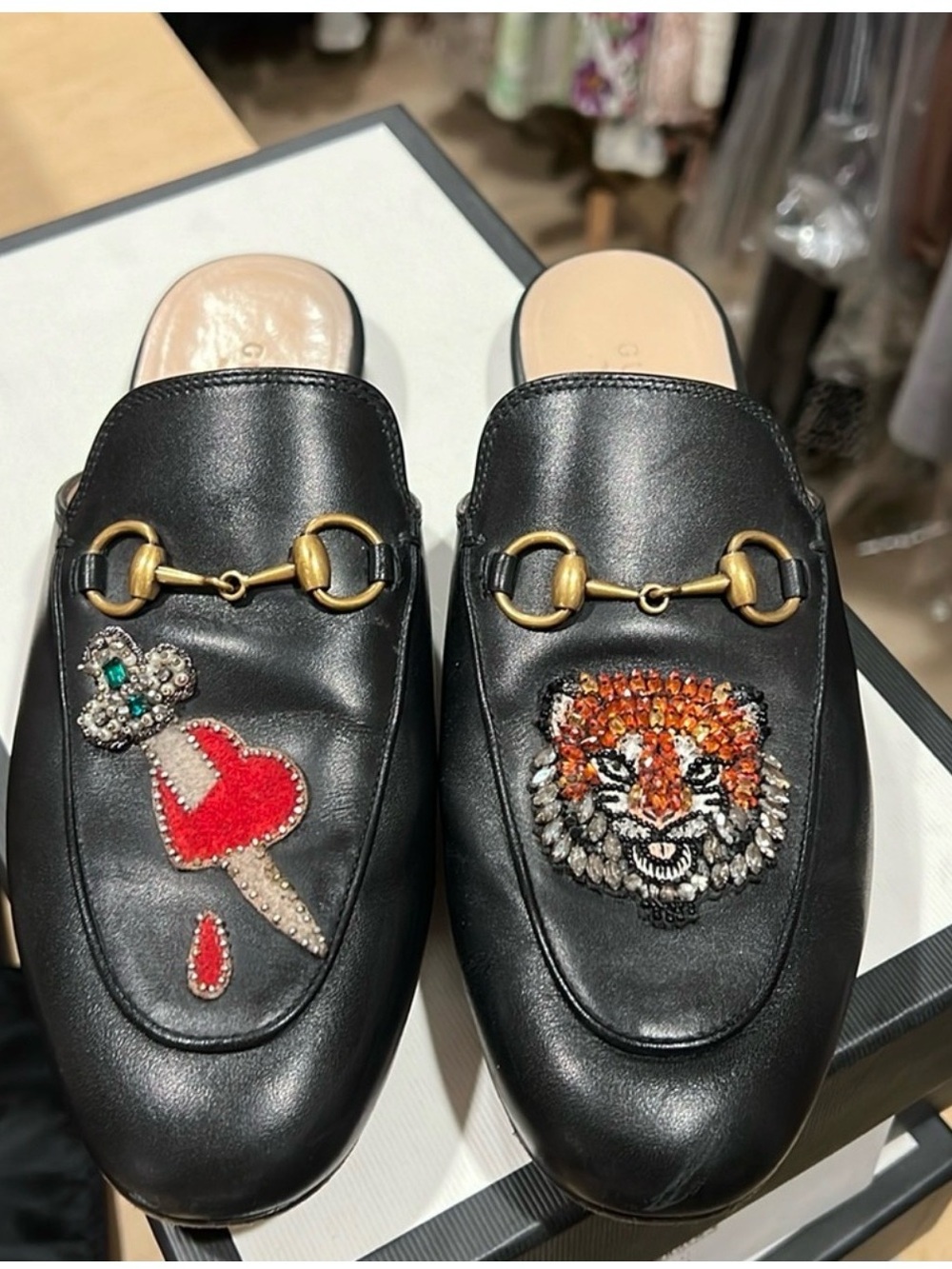 Gucci Black Leather Embellished Horsebit Mules with Red & Orange Accents